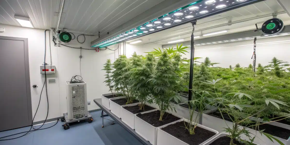 Controlled indoor cannabis grow room with LED lights, ventilation, and healthy marijuana plants in white containers for optimized cultivation