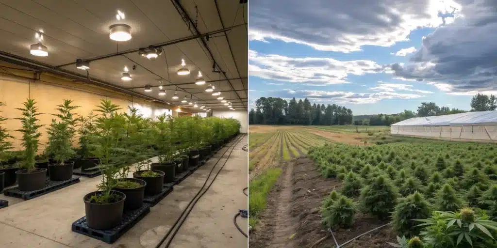 Split-screen view showing vibrant indoor cannabis under grow lights versus sunlit outdoor cannabis, illustrating different growing conditions
