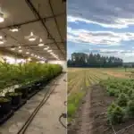 Split-screen view showing vibrant indoor cannabis under grow lights versus sunlit outdoor cannabis, illustrating different growing conditions