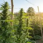 Marijuana sativa outdoor plants showcased with tall, slender leaves and dense buds in a sunny field.