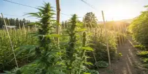 Marijuana sativa outdoor plants showcased with tall, slender leaves and dense buds in a sunny field.