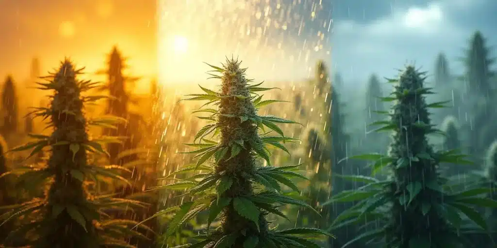 Cannabis plant outdoors under mixed weather conditions, illustrating seasonal flowering cycles in New York.