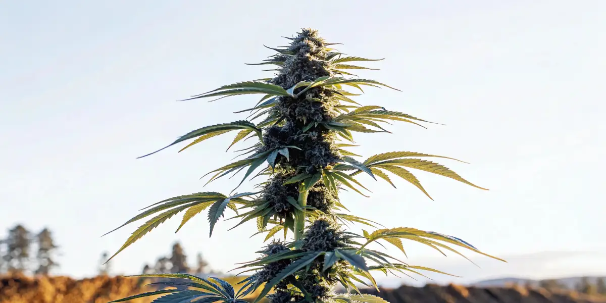 Close-up of an outdoor cannabis cola with mature buds and natural lighting.