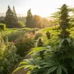 Outdoor cannabis flowering in a vibrant garden setting with full sun and lush blooms.