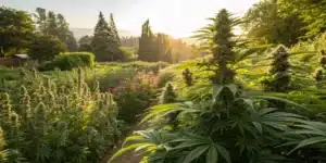 Outdoor cannabis flowering in a vibrant garden setting with full sun and lush blooms.