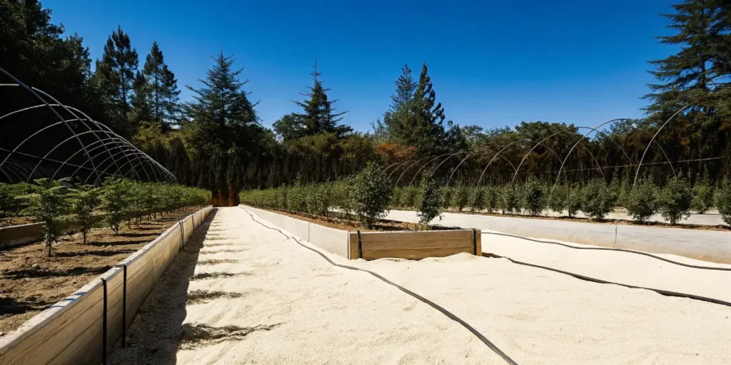 Raised outdoor cannabis beds with drip irrigation system under sunny skies