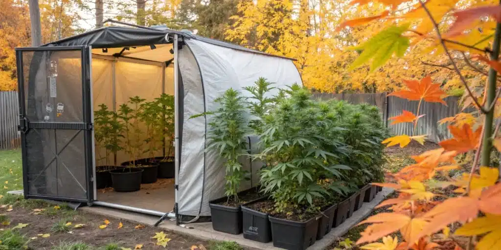 Vibrant cannabis plants in an outdoor cannabis greenhouse, surrounded by autumn foliage and housed in black containers