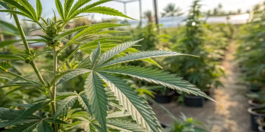 Close-up of a healthy cannabis plant inside a greenhouse, showcasing pest-free leaves and controlled growing conditions