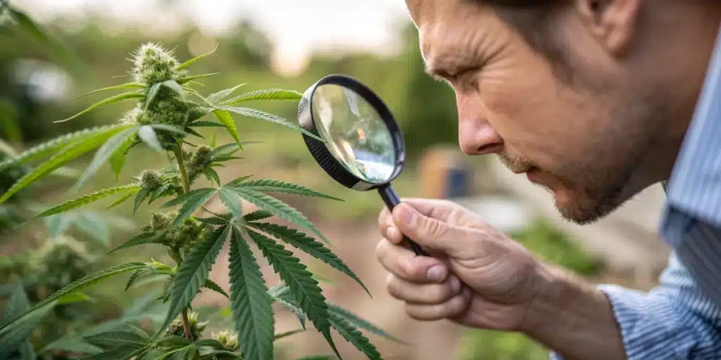 Grower closely inspecting a cannabis plant with a magnifying glass to identify potential pests or plant health issues.