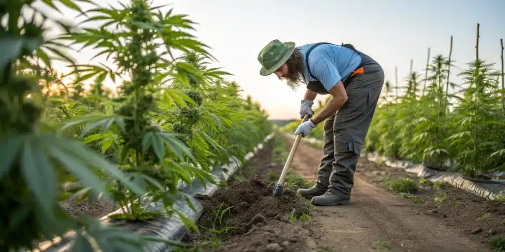 Farmer tending to outdoor cannabis plants in rich soil, using a hoe to cultivate rows under a warm sunset