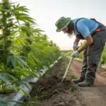 Farmer tending to outdoor cannabis plants in rich soil, using a hoe to cultivate rows under a warm sunset
