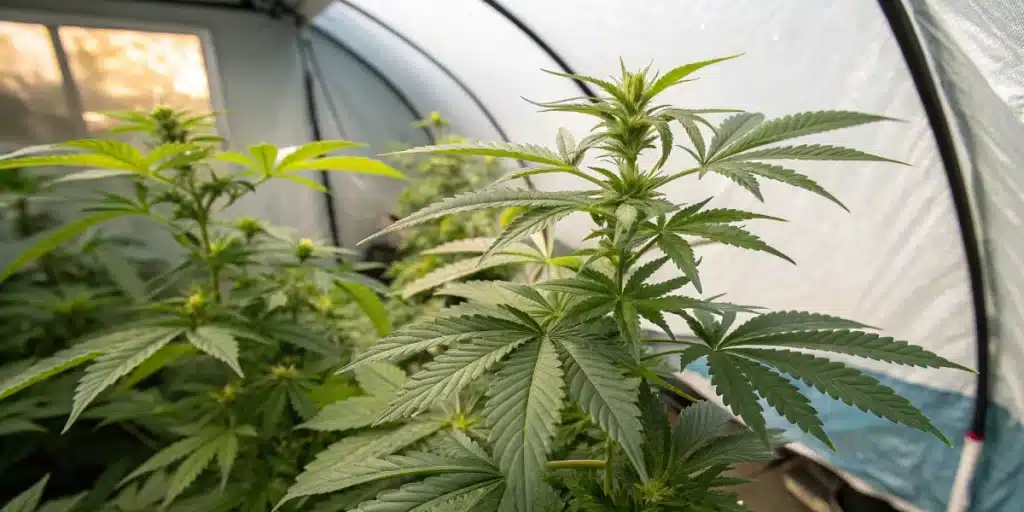 Tall cannabis plants flourishing inside an outdoor grow tent, benefiting from a protective canopy and controlled environment