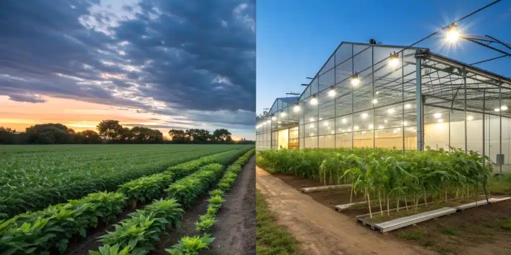 Side-by-side comparison of an outdoor cannabis farm at sunset and an illuminated indoor greenhouse, showcasing different cultivation methods.