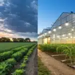 Side-by-side comparison of an outdoor cannabis farm at sunset and an illuminated indoor greenhouse, showcasing different cultivation methods.