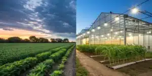Side-by-side comparison of an outdoor cannabis farm at sunset and an illuminated indoor greenhouse, showcasing different cultivation methods.