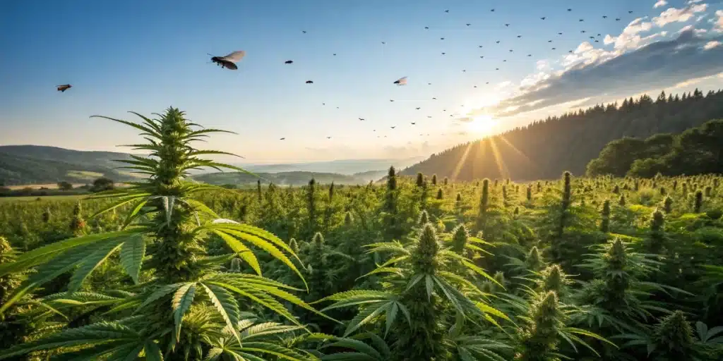 Thriving outdoor weed plants with insects flying above at sunrise, highlighting the importance of natural pest management