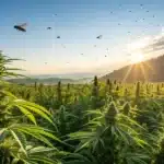 Thriving outdoor weed plants with insects flying above at sunrise, highlighting the importance of natural pest management