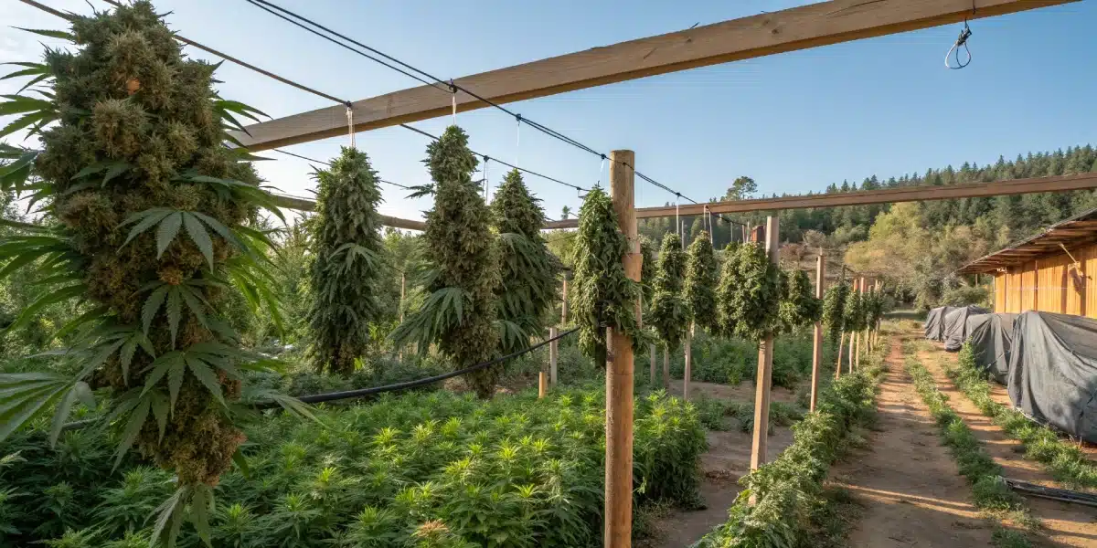 Freshly harvested cannabis buds hanging on wooden drying racks in an outdoor farm, surrounded by green marijuana plants