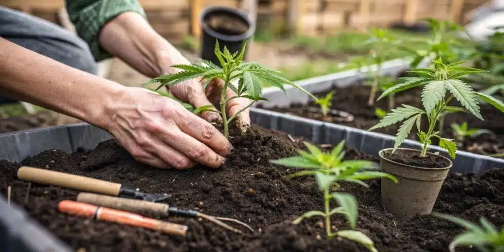 Hands carefully placing a young cannabis seedling into fresh soil, demonstrating the basics of planting cannabis outside