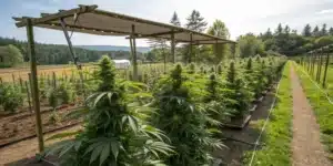 Freshly pruned marijuana plants outside in a well-maintained cannabis garden, enhancing light penetration and air circulation.