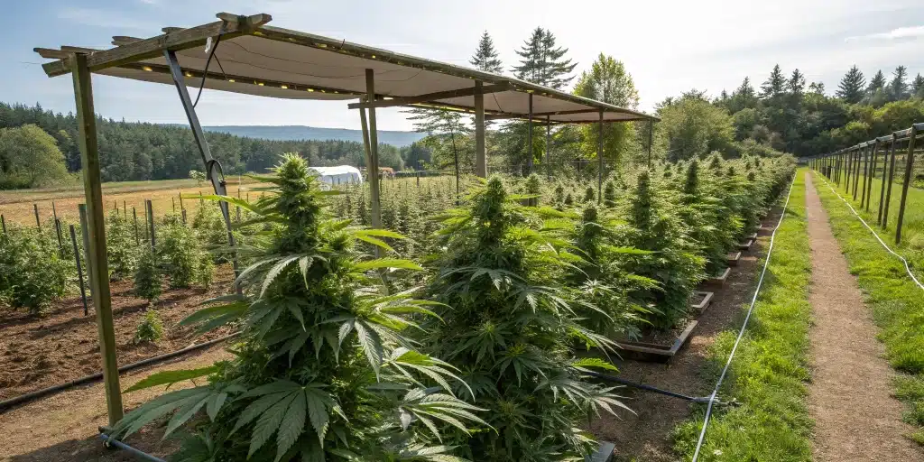 Freshly pruned marijuana plants outside in a well-maintained cannabis garden, enhancing light penetration and air circulation.