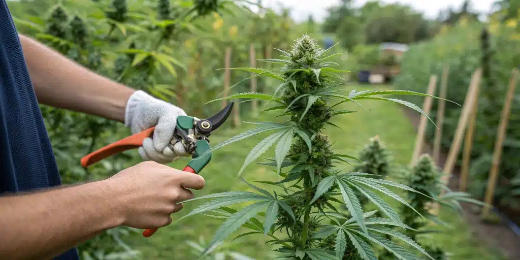 Close-up of a gardener pruning marijuana plants outside using sharp shears to promote healthy growth.