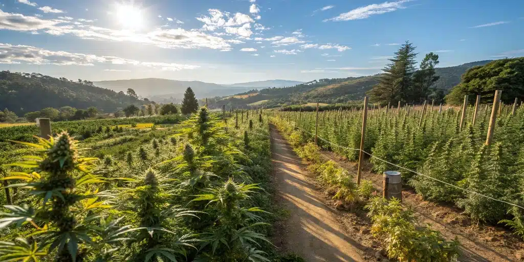 Panoramic view of an outdoor cannabis garden with pruned marijuana plants under bright sunlight, showcasing a thriving grow.
