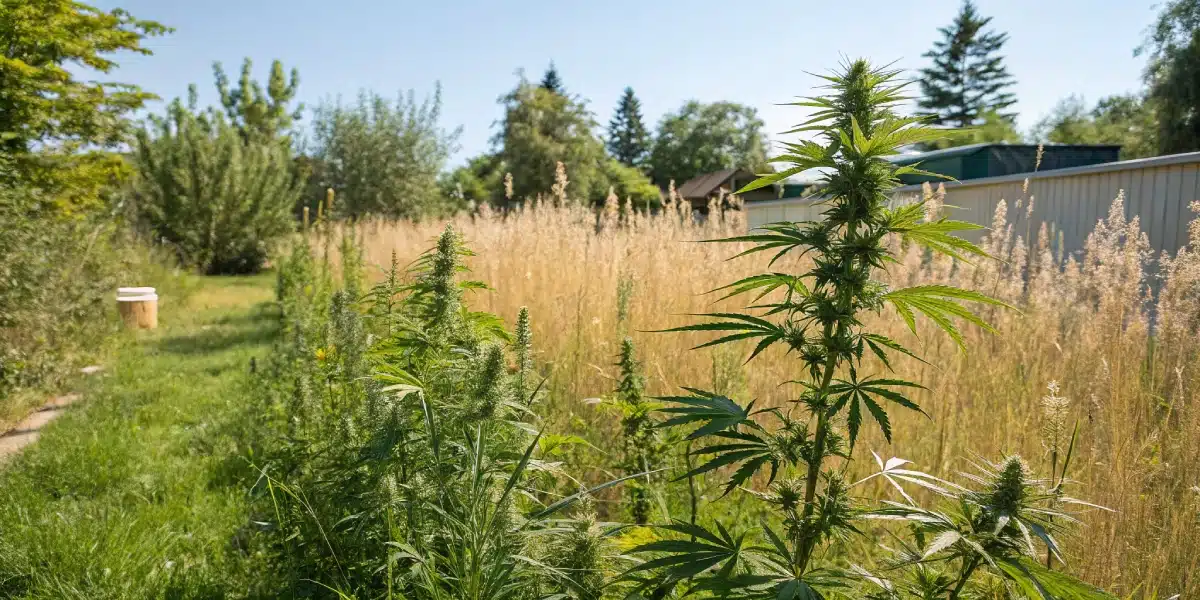 Tall cannabis plant flowering in a secluded natural setting with wildflowers and dense vegetation for a discreet outdoor grow