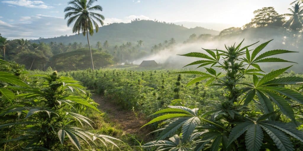 A rural cannabis plantation in Thailand with dense plants and a small hut in the distance.