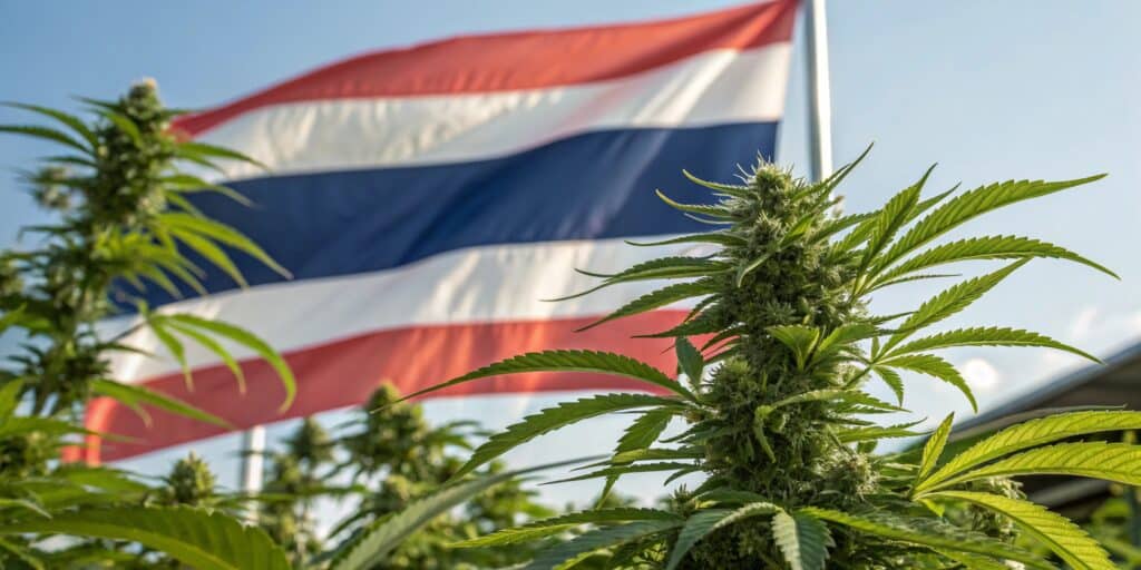 A cannabis field in Thailand with a waving Thai flag in the background.