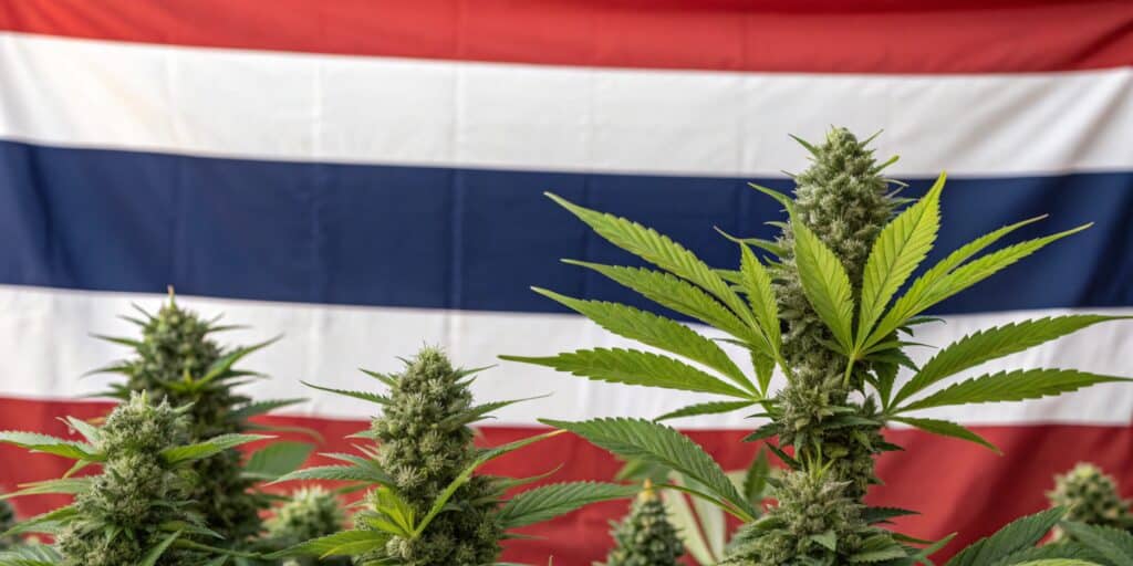 Lush cannabis plants with dense buds growing in front of a Thai flag