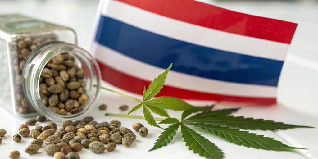 A glass jar spilling cannabis seeds next to a Thai flag and a hemp leaf on a white surface.