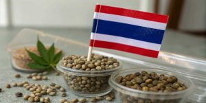 A Thai flag placed over cannabis seeds with a hemp leaf on a white surface.