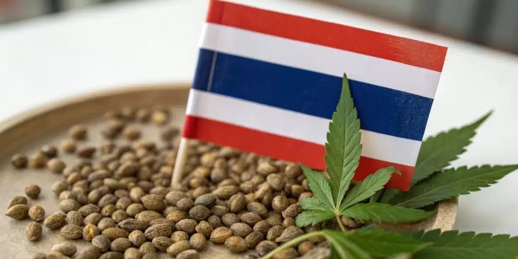 Cannabis seeds in glass trays with a Thai flag and hemp leaves, symbolizing cultivation.