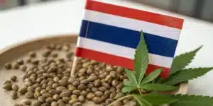 Cannabis seeds in glass trays with a Thai flag and hemp leaves, symbolizing cultivation.