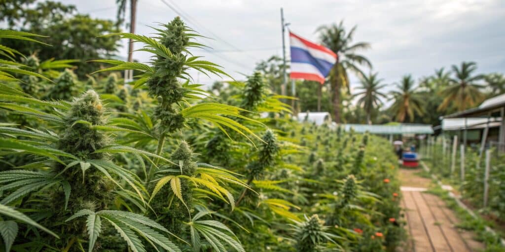 Lush cannabis plants growing in a Thai farm with a Thai flag waving in the background, surrounded by tropical vegetation and structures.