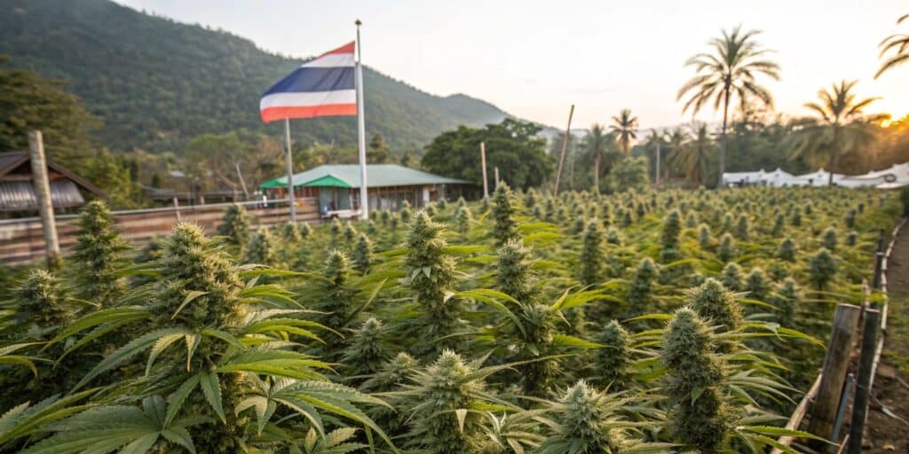 A vast cannabis plantation in Thailand with a Thai flag, surrounded by mountains and palm trees, illuminated by the golden sunset.