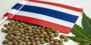 Cannabis seeds in plastic containers with a Thai flag and a hemp leaf in the background.
