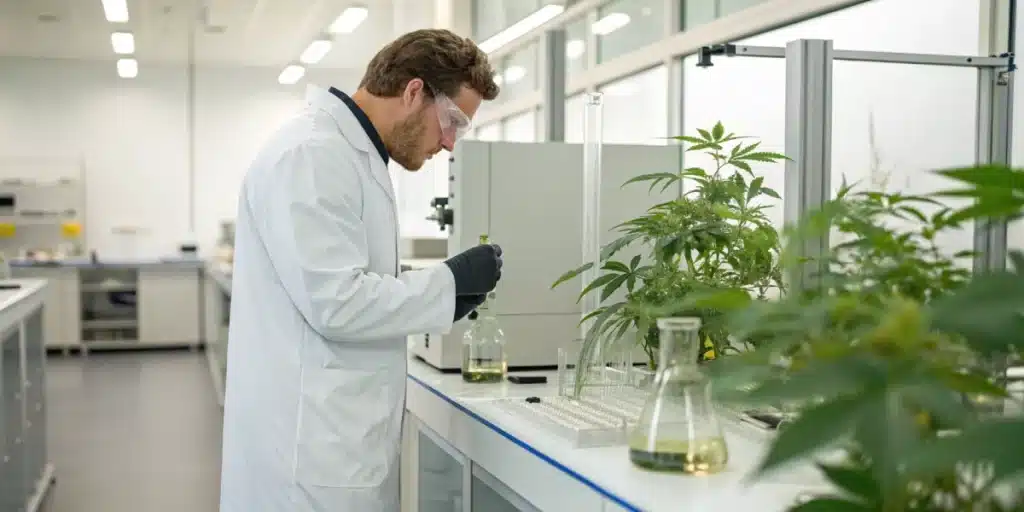Realistic lab scene featuring a scientist analyzing a cannabis extract sample labeled THC-P with advanced equipment.