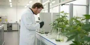 Realistic lab scene featuring a scientist analyzing a cannabis extract sample labeled THC-P with advanced equipment.