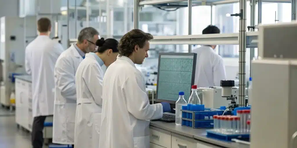 Realistic image of a research facility where scientists analyze THC-P data on digital screens amidst lab equipment and sample containers.