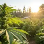 Lush cannabis plants in an outdoor farm at sunset, with dense buds and golden light enhancing their natural growth
