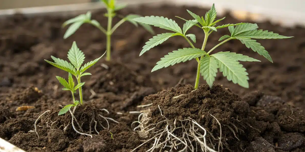 Young cannabis seedlings in rich soil with exposed roots, highlighting early-stage growth for successful outdoor cultivation