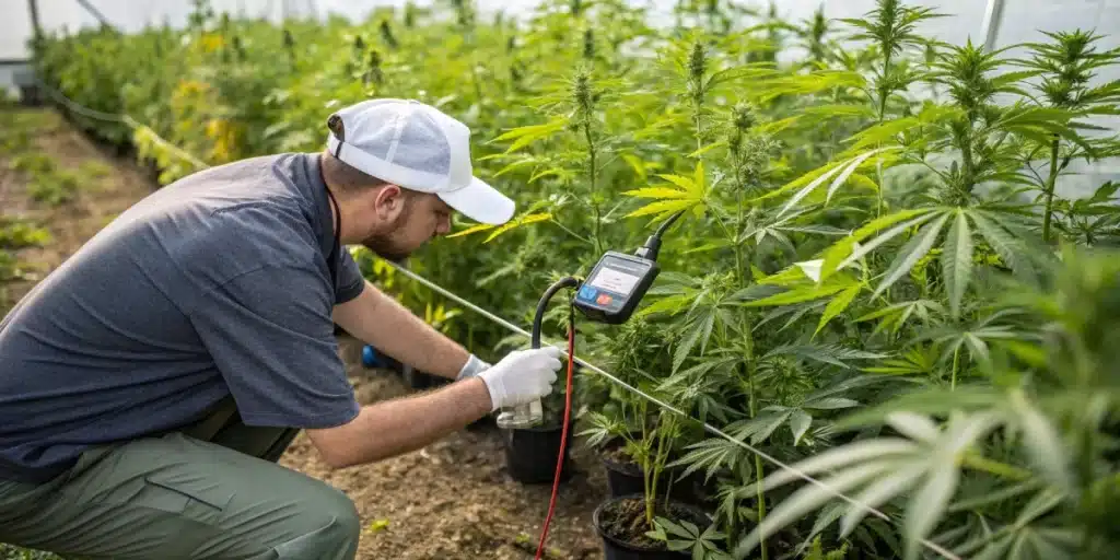 Gardener in a white cap and gloves testing the soil of a cannabis plant with a digital meter in a greenhouse.