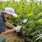 Gardener in a white cap and gloves testing the soil of a cannabis plant with a digital meter in a greenhouse.