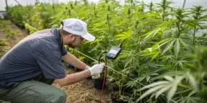Gardener in a white cap and gloves testing the soil of a cannabis plant with a digital meter in a greenhouse.
