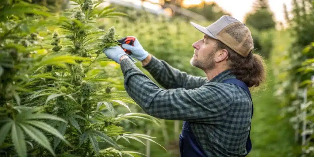A gardener snips the main stem, demonstrating topping outdoor cannabis to boost branching and improve yields.