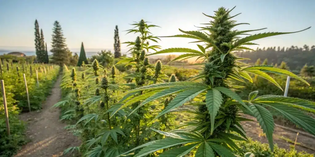 Autoflower cannabis plants growing densely in an outdoor garden with morning sunlight.