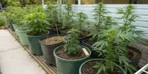 Weed plants are spaced neatly in pots along a patio, demonstrating weed plant spacing outdoor for efficient development.