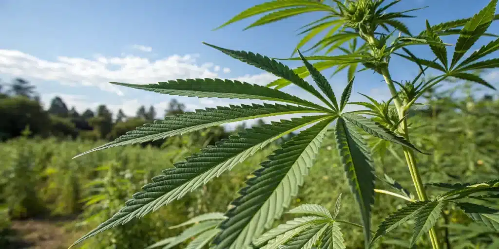 Weed sativa outdoor garden featuring large, fan-shaped leaves and bright green buds under a clear sky.